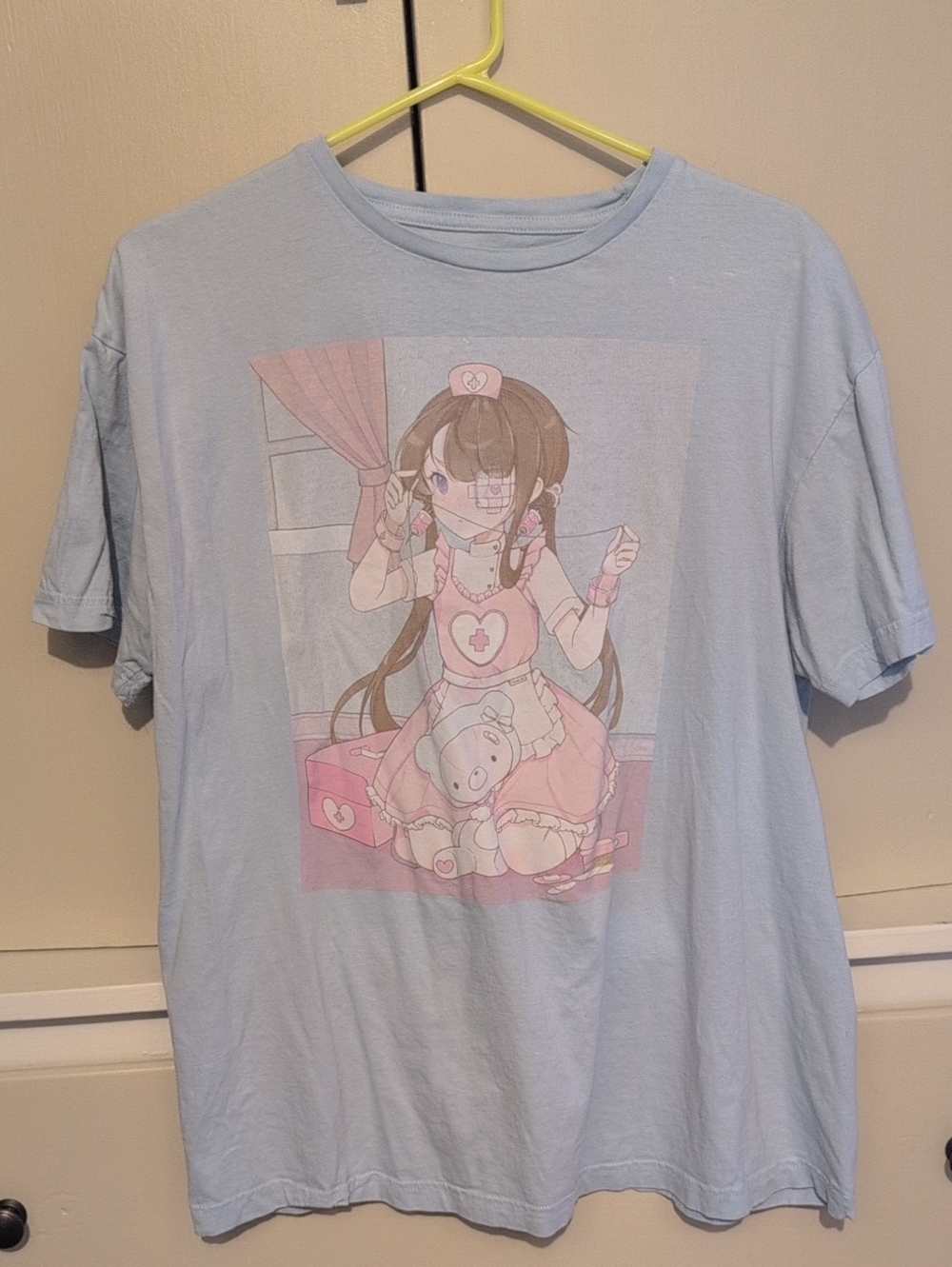 Kawaii Nurse Anime Graphic Tee - Pastel Blue Size XL
